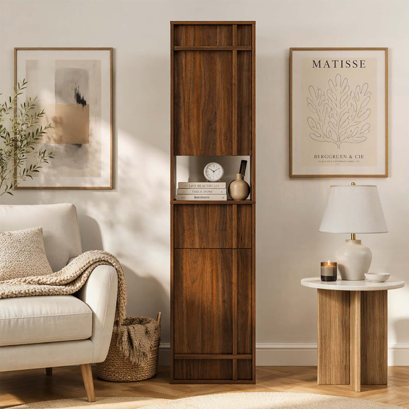 Grande armoire de rangement étroite en bois avec portes et tiroir pour l'organisation compacte du salon