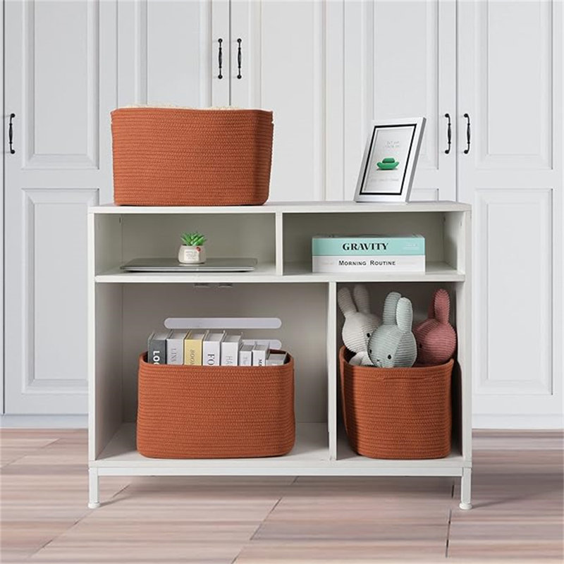 Rust Rectangular Wicker Storage Baskets with Handles, Set of 3
