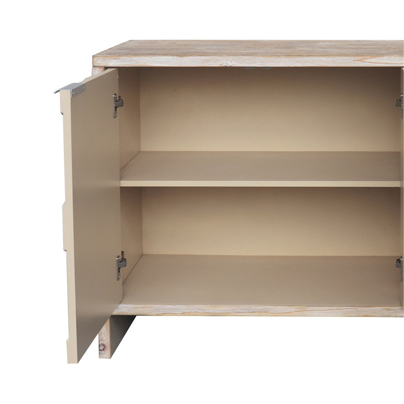 Buffet d'appoint 4 portes Accent Bois naturel lavé, style artistique, rangement de salon polyvalent, Bois naturel délavé