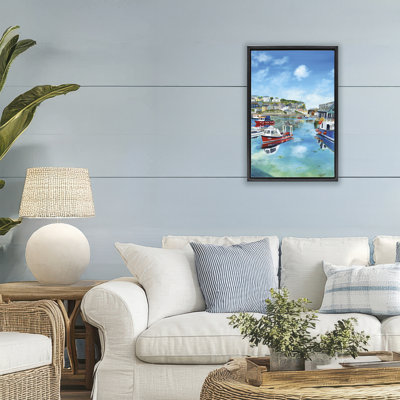 Mevagissey Harbor Reflections Floating Frame, design by Georgie Harrison
