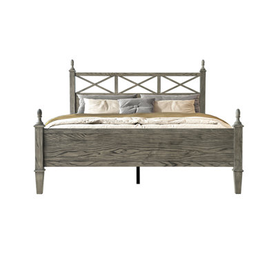 Base de lit plateforme grand lit avec tête et pied de lit en bois massif, pieds en métal, base à lattes durable de 12 po, aucun sommier tapissier requis, assemblage facile, silencieux et antidérapant, finition chêne gris vieilli