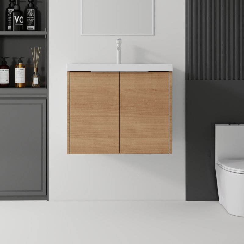 Meuble-lavabo flottant 24 po avec lavabo, porte à fermeture en douceur, lavabo en céramique, contreplaqué, Oak, 24" W