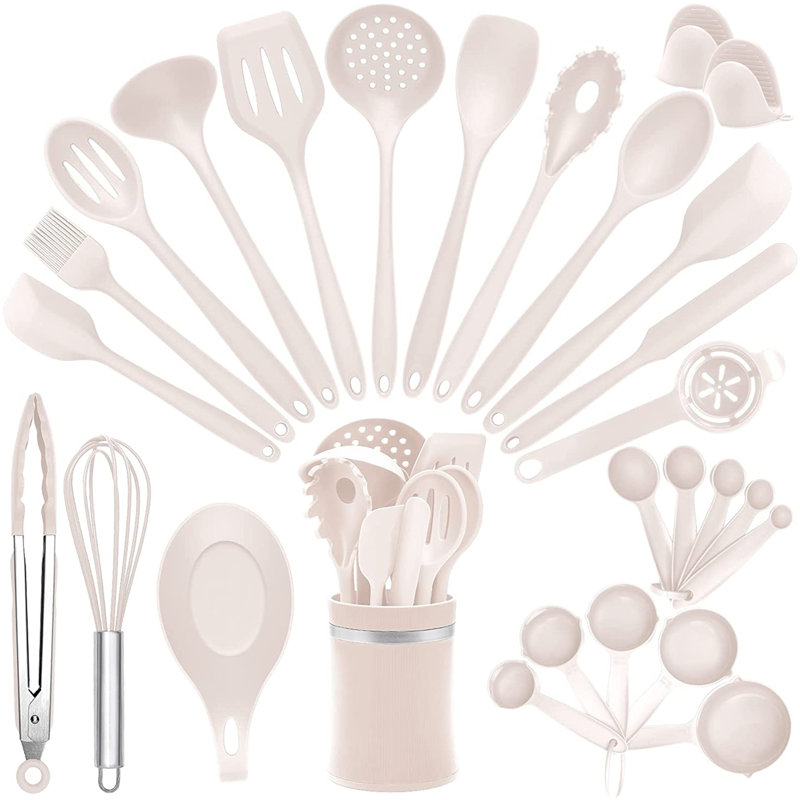 Ensemble 28 ustensiles de cuisine en silicone 28 pièces, sans BPA, antiadhésif, kaki