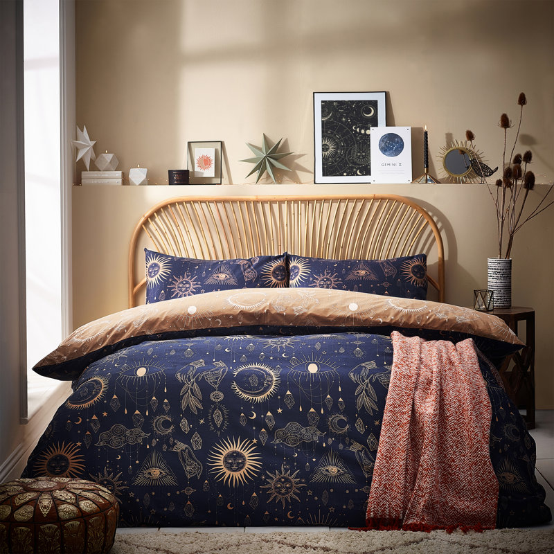 Cotton Blend Abstract Duvet Cover Set with Pillowcases, Double - 2 Standard Pillowcases, Gold/Navy