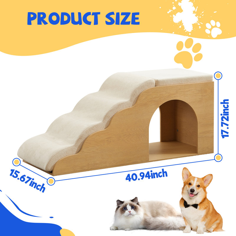 Escalier pour animaux en bois avec rampe rembourrée et aire de repos ou petits chiens et chats, Blanc