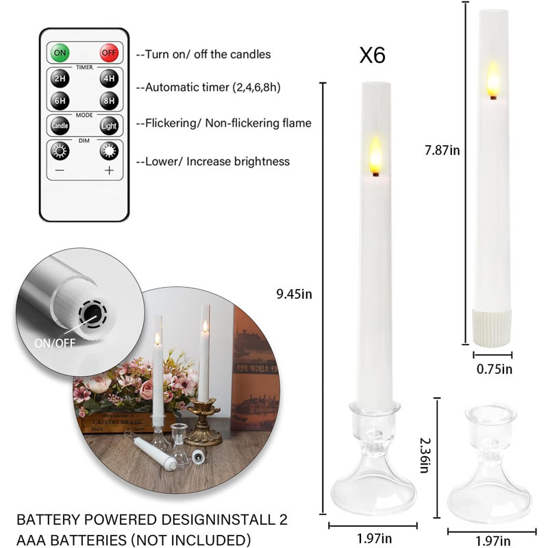Flameless Taper Candles With Remote,6 PC Acrylic Battery Operated Candles With Candlesticks,Flickering Led Window Candles For Home Table And Wedding Decor(White)