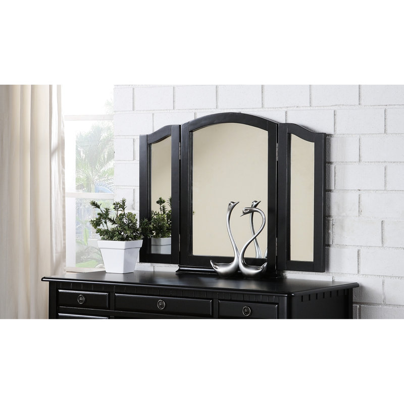 Black Color Bedroom Vanity With Stool And Birch Veneer - Elegant Style In Foldable Mirror Classic Design