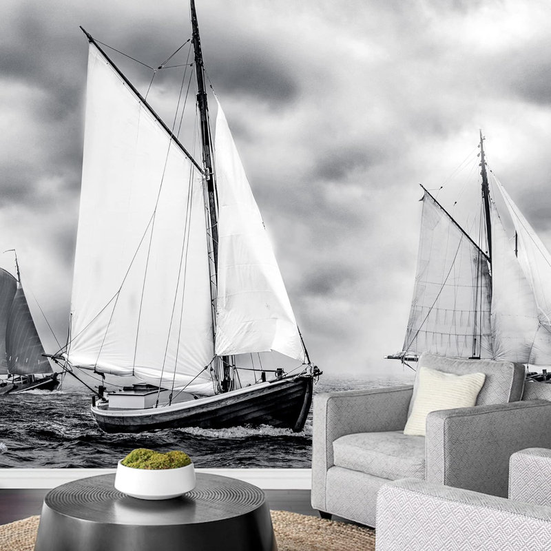 Noir et blanc voilier tempête océan nautique nature photographie papier peint murales, L 66 po x l 96 po