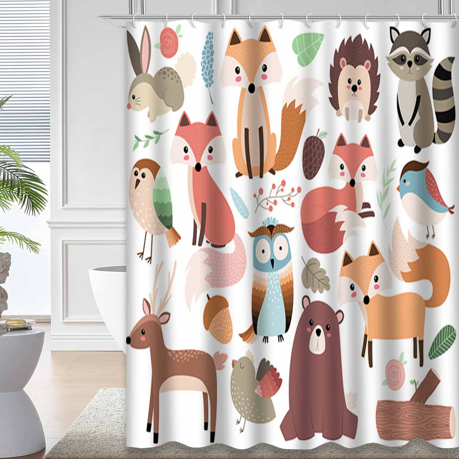 Bungalow Rose Woodland Animals Fox Deer Bear Owl Shower Curtain with 12