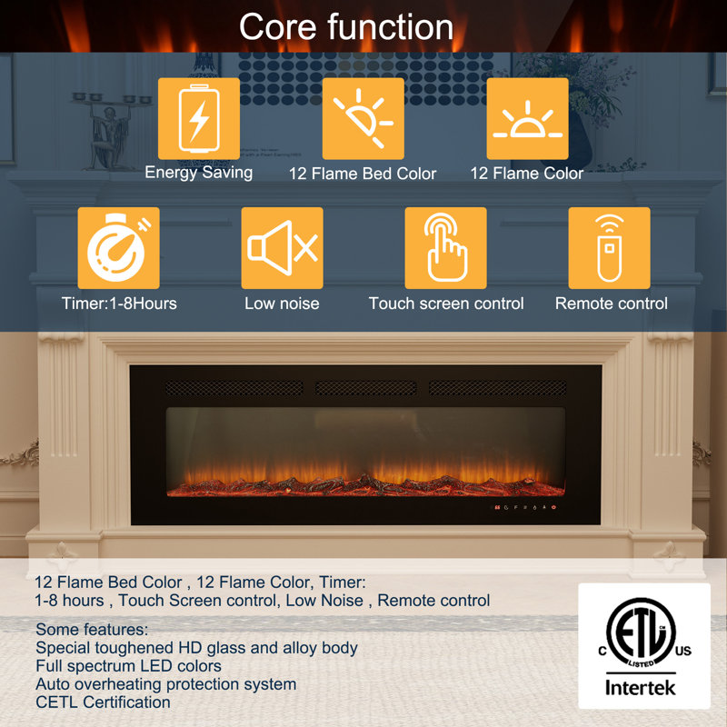 Rayva Classic recessed or wall mounted direct vent electric fireplace insert, H 16,54 po x l 50 po x P 4,33 po