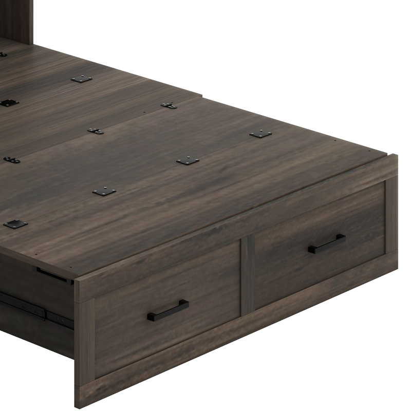 Lit plateforme pliable avec station de charge et grand tiroir de rangement, Gris rustique
