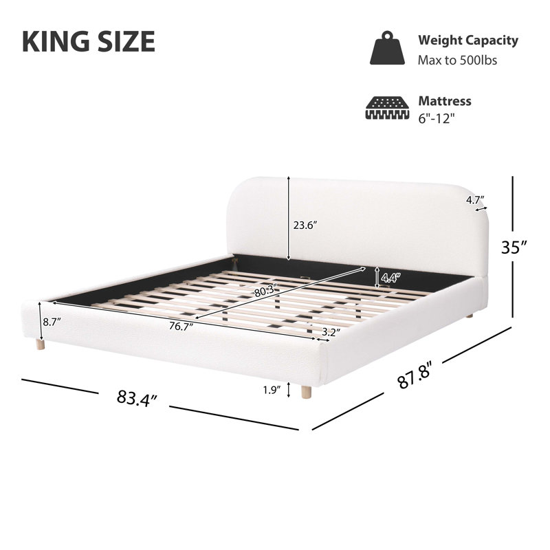 Platform Bed With Boucle Fabric, Boucle Fabric Upholstered Platform Bed With Curve-Shaped Design Headboard, King