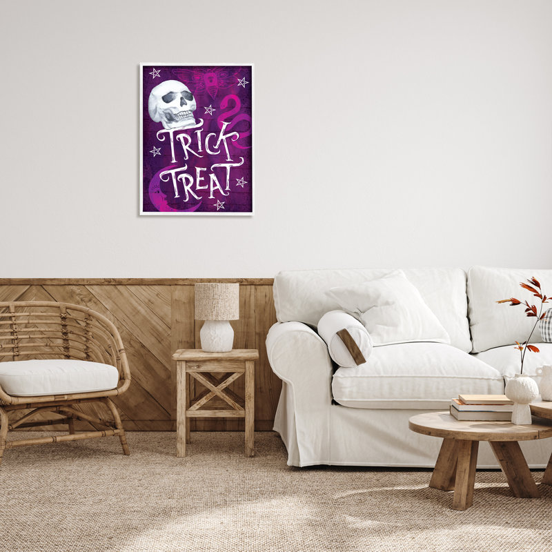 «Trick Or Traite», Halloween mauve, encadré sur bois par ND Art, impression, H 30 po x l 24 po x P 1,5 po