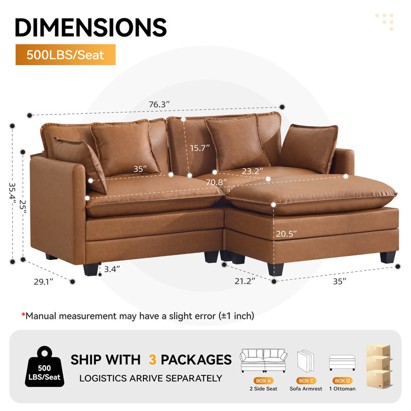 Canapé modulaire à assise profonde Cloud, 2 places + 1 repose-pieds, Marron clair