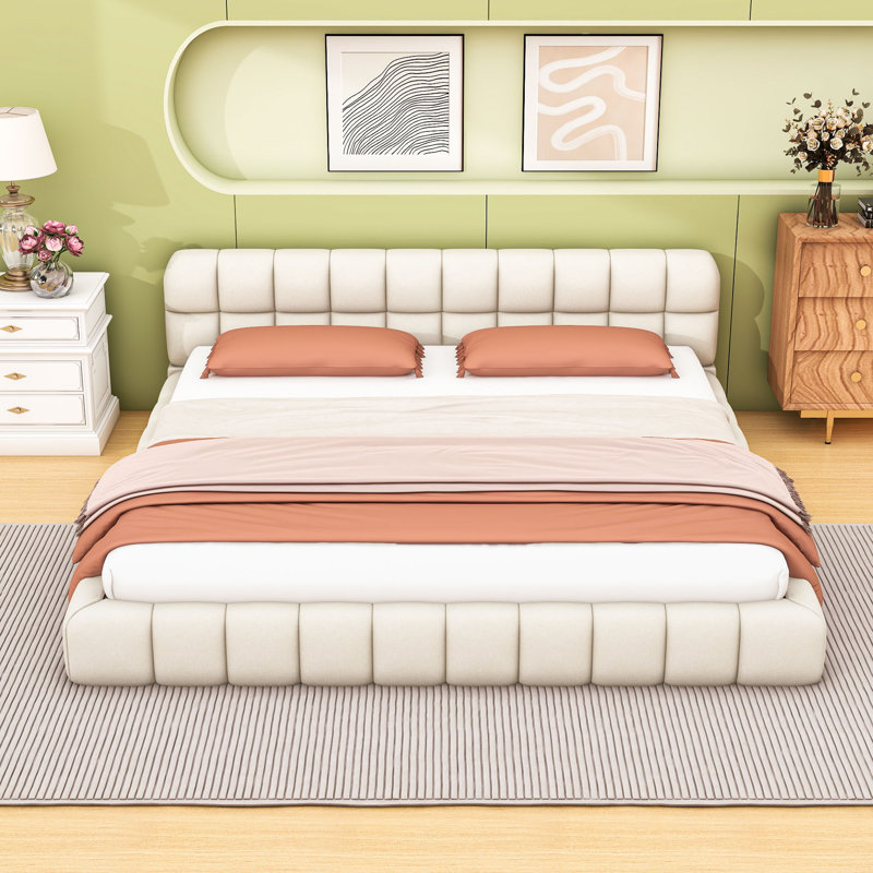 Lit plateforme tapissier avec tête de lit élégante, Beige