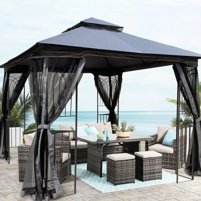 Pavillon de jardin 10X10 avec toit et filet amovible pour profiter de la terrasse du jardin - Écran de toit gris à deux niveaux spacieux