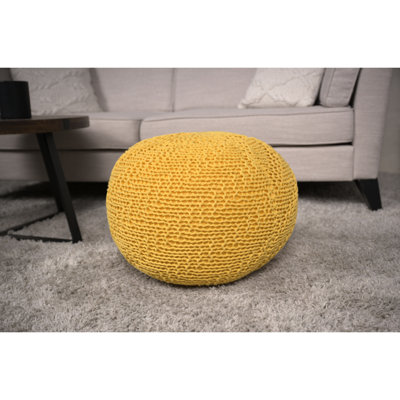 Pouf rond en coton tricoté jaune, facile à poser au sol, supporte jusqu'à 90 kg, accessoire décoratif, nettoyage localisé recommandé, rembourrage en billes, 51,5 cm de profondeur, largeur, 35 cm de hauteur.