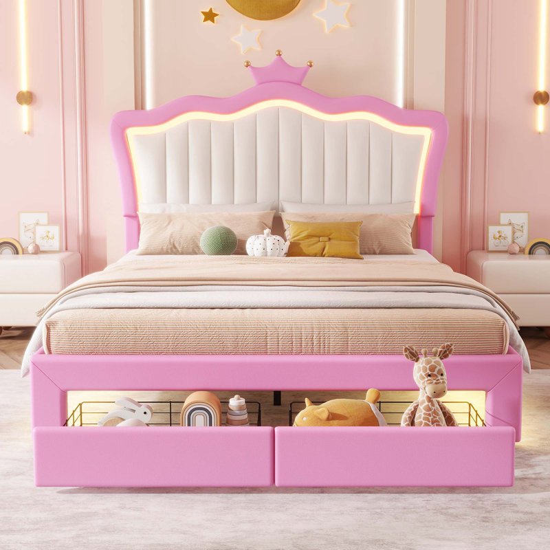 Cadre de lit princesse avec lumières DEL et 2 tiroirs, Double