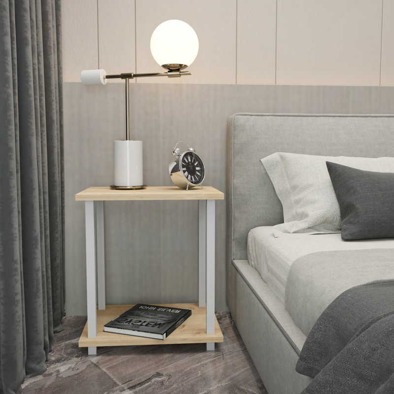 Calvester Nightstand - Modern Square End Table with Lower Shelf, White/Oak