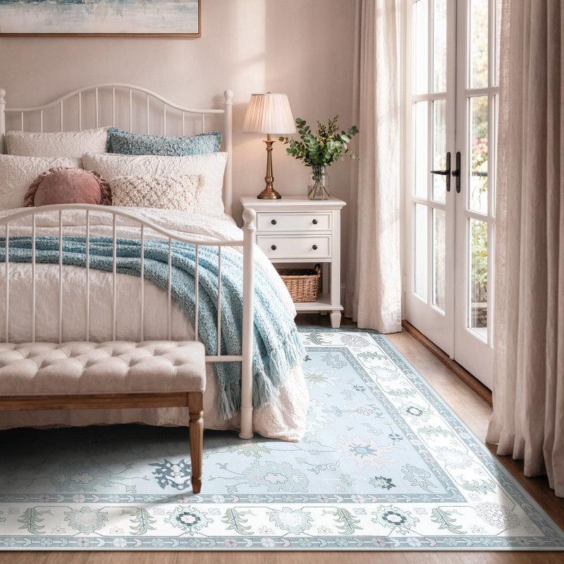Guilhermina Vintage Oushak Washable Floral Area Rug with Non-Slip Backing, Distressed Traditional Rug for Living Room, Bedroom