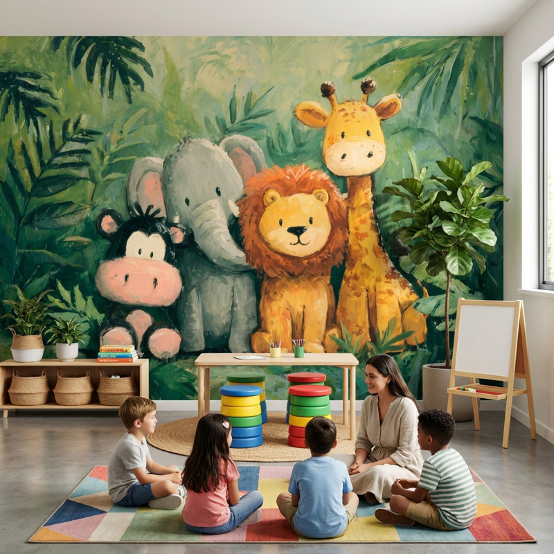 Papier peint animaux verts Jungle, Non tissé, 160 po x 108 po