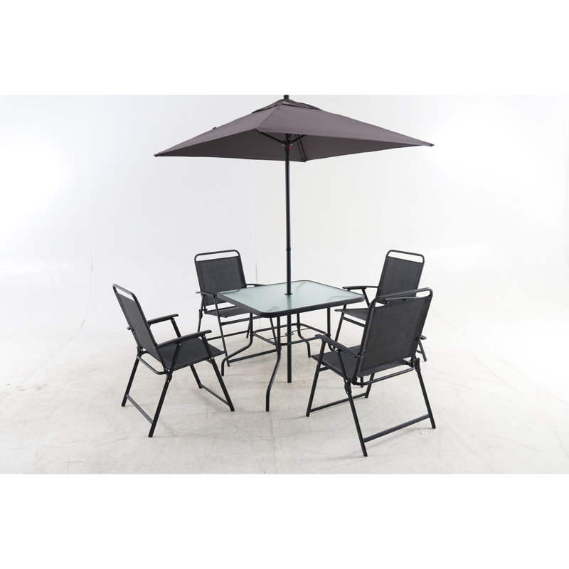 Table de salle à manger d'extérieur pour 4 personnes: mobilier en métal avec parasol, table trempée rouille, eau et table 4: structure antirouille pour table et chaises, verre