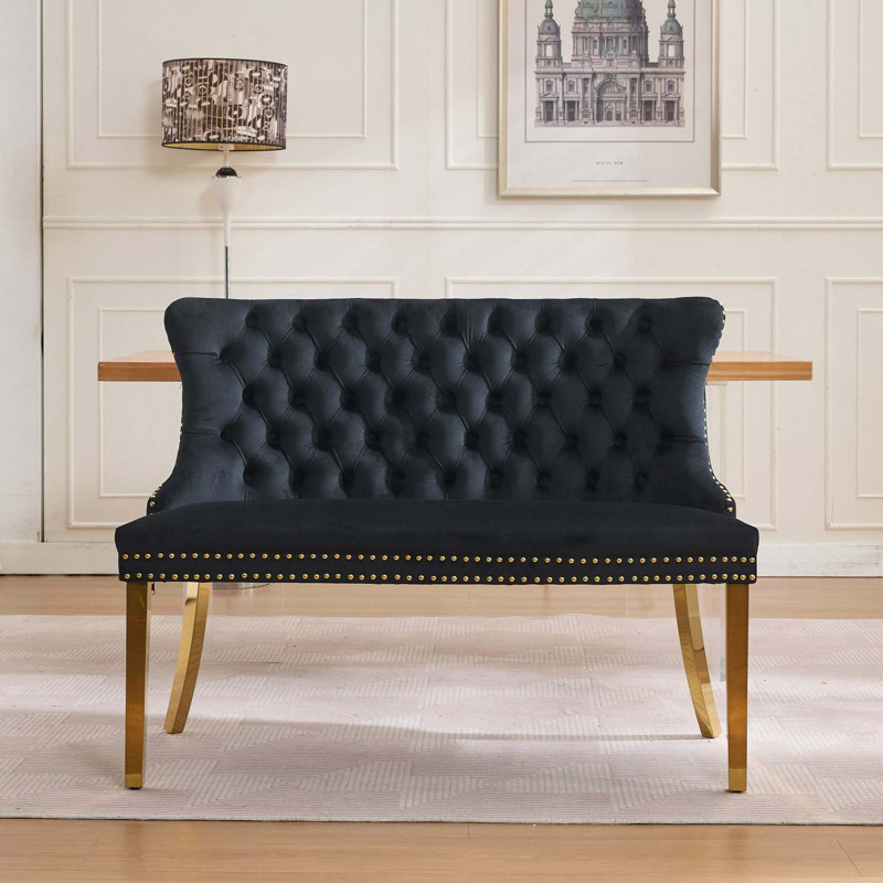 Banc capitonné en velours à deux oreilles avec boutons faits à la main, Doré, Black