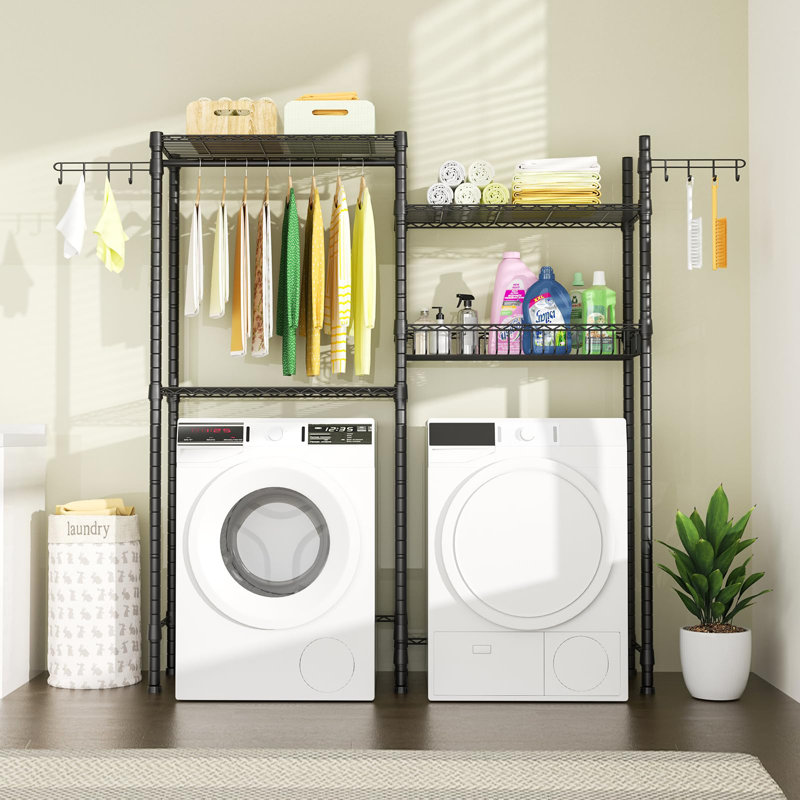 Clothes Drying Rack, Over Washer And Dryer Laundry Room Bathroom Towel Storage Shelf, Space Saver With Adjustable Shelves, Wire Basket, And Rotatable Hooks, 63.4"L X 13.4"D X 76.7"H, Black