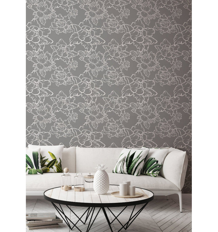 Peony 10' L x 24" W Peel and Stick Wallpaper Roll, Gray, Peel & Stick
