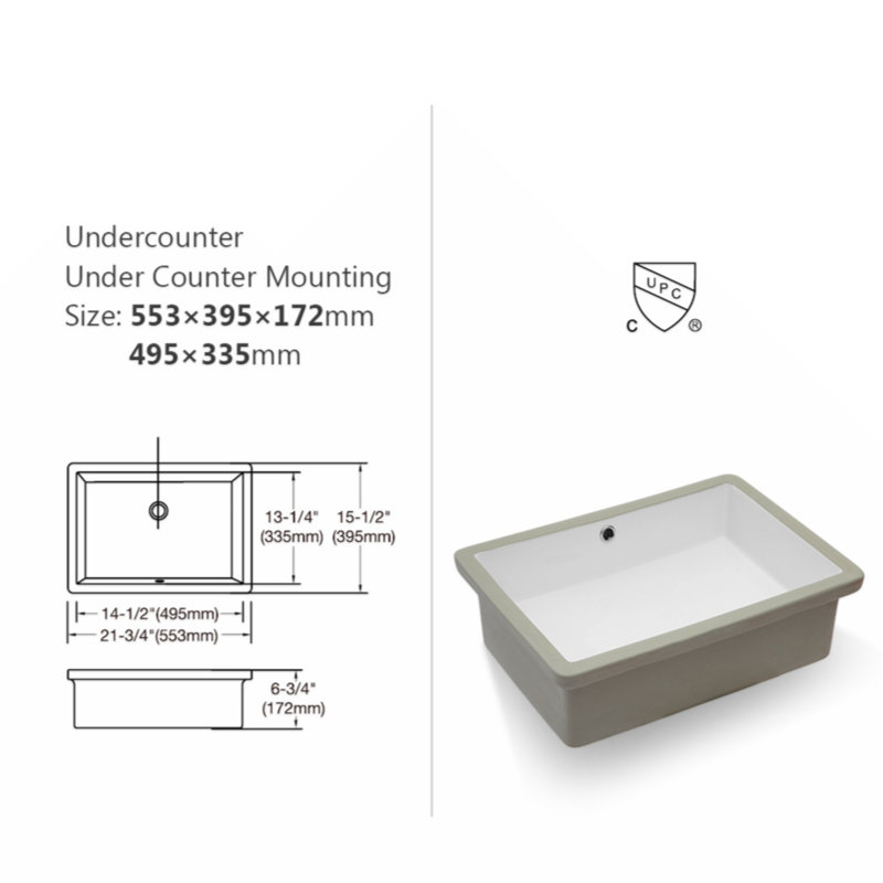 22" White Ceramic Rectangular Undermount Bathroom Sink