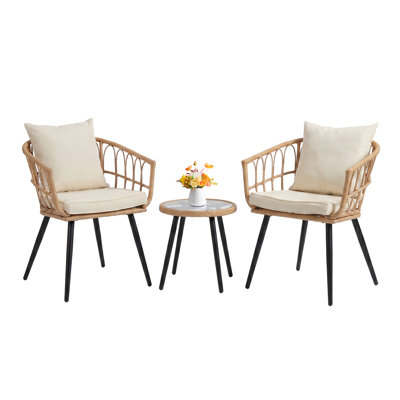 3-piece Outdoor Pe Rattan Bistro Set, All-weather Wicker Chat Set With 2 Armchairs, Cushions And Glass-top Side Table For Patio, Balcony, Backyard, Natural