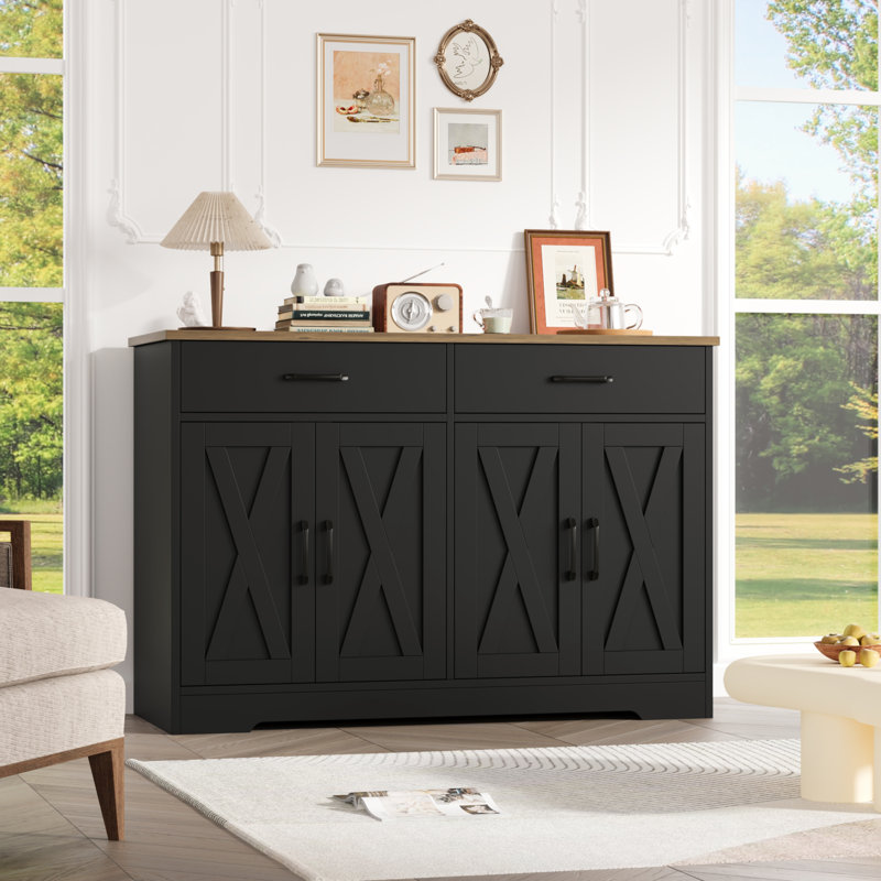 Armoire décorative 47 po à 4 portes, présentoir avec 2 tiroirs, Brun / Noir