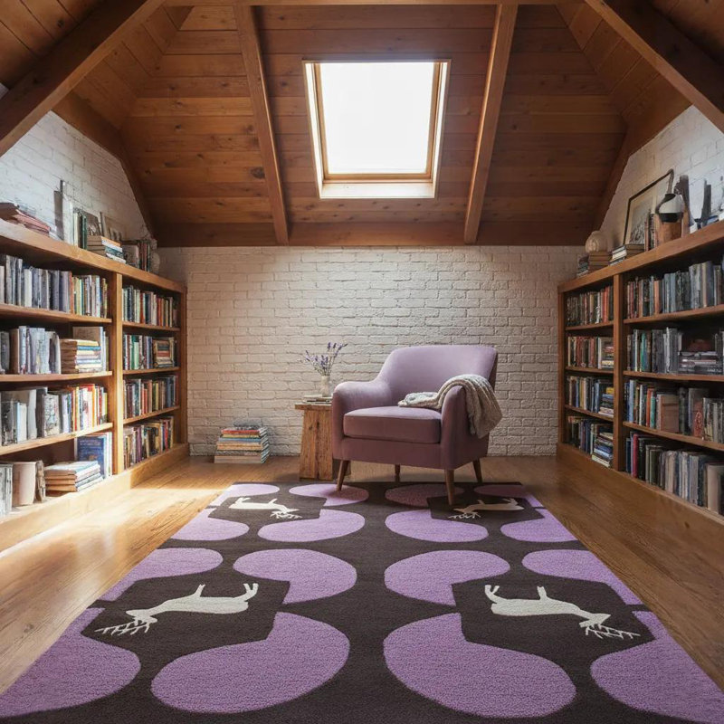 Valencia Authentic Hand-Crafted Hand-Tufted White Deer Silhouette Purple Geometric Shape On Brown Wool Indoor Area Rug