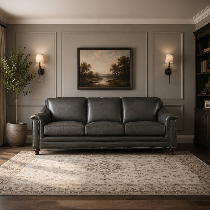 Canapé en cuir véritable à accoudoirs roulés de 91,5 po Alpert, Cuir véritable gris cendré