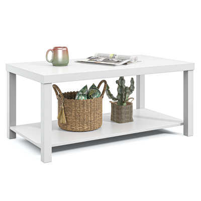 White Coffee Table for Living Room, 2-Tier Wood Coffee Table with Storage Shelf Modern Rectangular Center Table, Easy Assembly, Accent Table for Offic