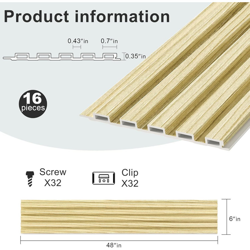 Paquet de 16 panneaux muraux à lattes, panneau insonorisé 3D WPC pour décoration murale intérieure, 48 x 6 po (chêne)