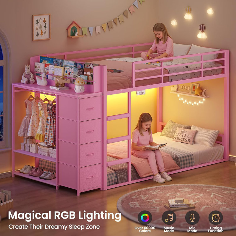 Bed Twin Over Twin With Bookshelf, 4 Storage Drawers, Metal Kids Bunk Bed With Power Outlet & Rgb Lights, Clothing Rack & Shelves, Safety Guardrail & Ladder