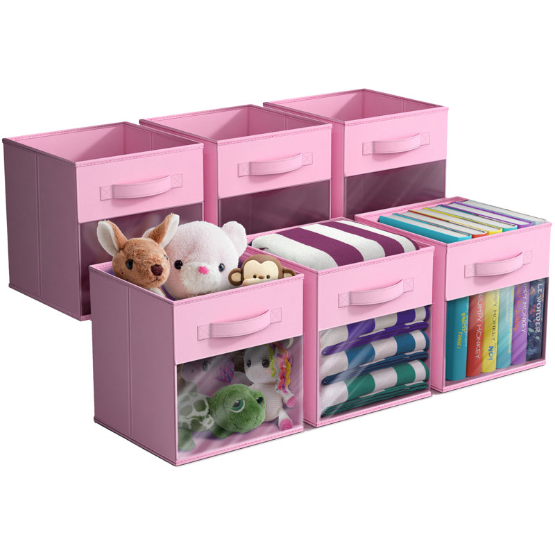 Ensemble de 6 bacs de rangement pliables en tissu de 11 pouces avec fenêtre transparente Sorbus - pour organiser vêtements, jouets, livres, tablettes, placards et plus, ensemble de 6, rose pastel
