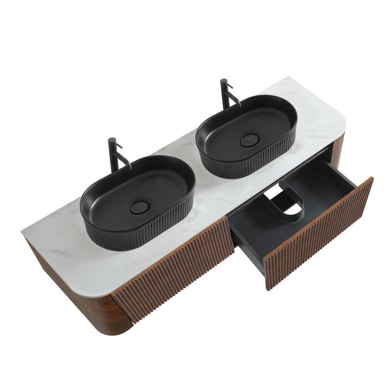 Meuble-lavabo double en céramique, Walnut, 60" W