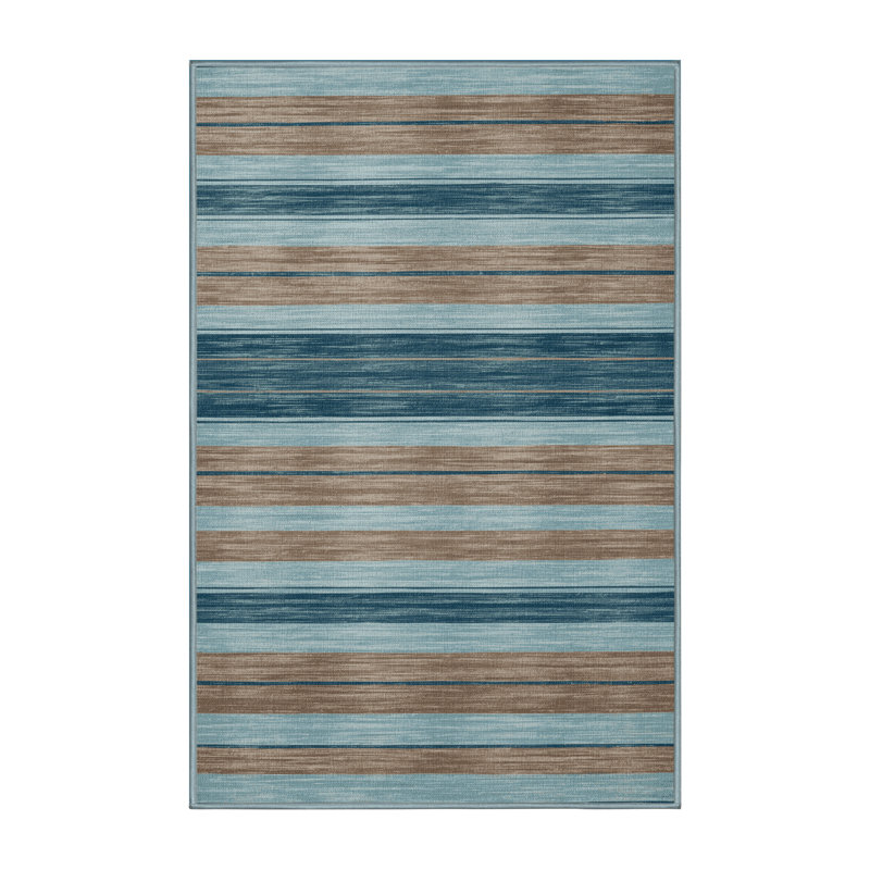 Tapis bleu à rayures horizontales lavable à la machine, Rectangle 5 pi x 7 pi