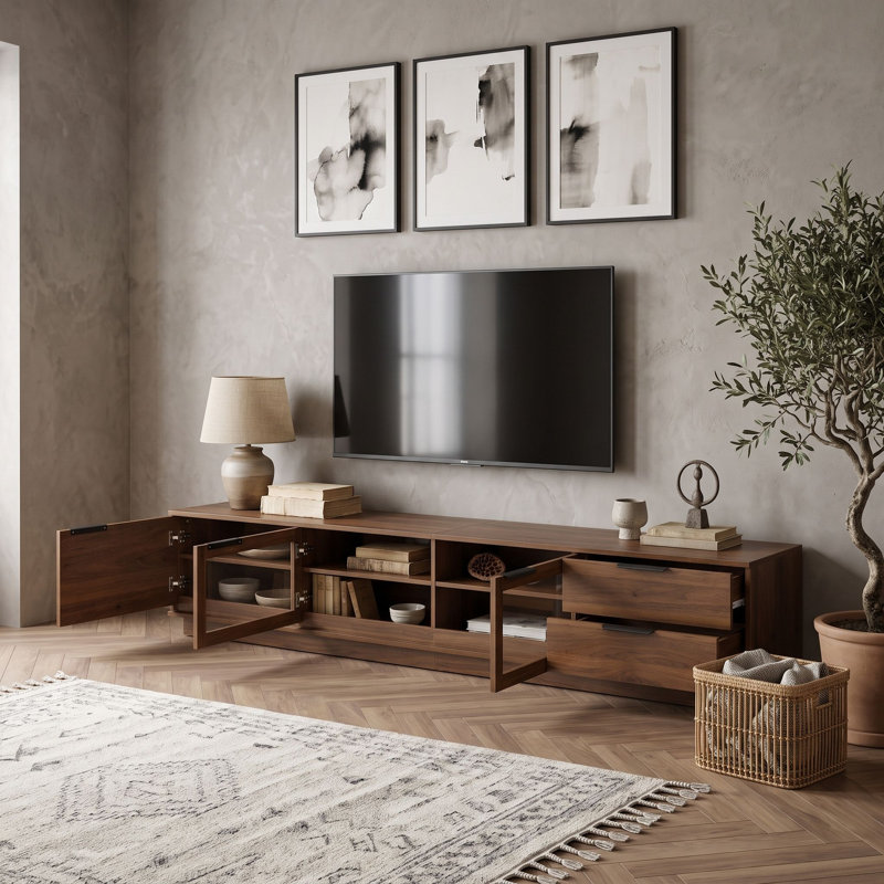 Meuble télé contemporain avec portes vitrées, rangement dissimulé, gestion des câbles et des charnières à fermeture douce.