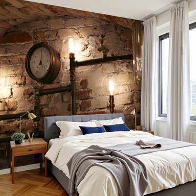 Peel and Stick Wallpaper 96" W x 69" H Modern Self Adhesive Wall Mural for Bedroom Steampunk decor iron pipes incandescent lamps Loft style wall