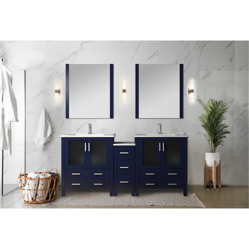 Bleu marine 72 po Large meuble-lavabo double avec armoire latérale, comptoir en céramique blanche, structure en bois massif, mécanisme de fermeture en douceur, deux espaces de rangement intérieurs et sept tiroirs, surface de travail,