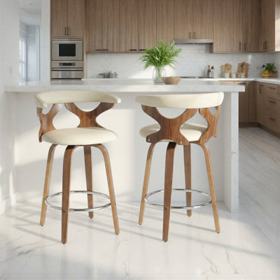 Tabouret de comptoir à hauteur fixe Mid-Century 26 po avec pivot en similicuir noyer et crème Betuel de Betuel - ensemble de 2