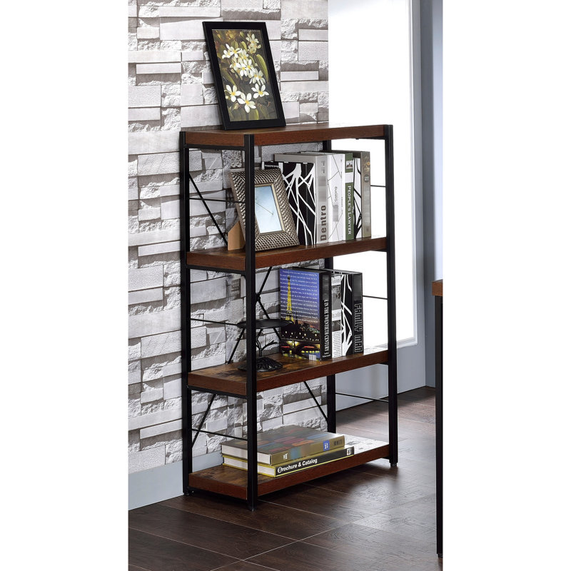 Black Metal And Weathered Oak Rectangular Bookcase, 3 Tier 4 Shelf Storage Display 3 4-Shelf Bookshelf In Black, Compact For Bedroom Linens