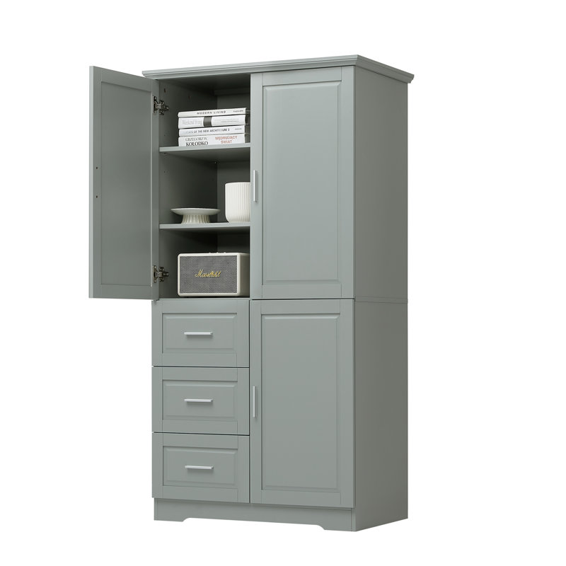 Armoire de rangement autoportante 62 po avec portes et 3 tiroirs pour salle de bain / bureau, tablettes réglables, dispositif anti-basculement