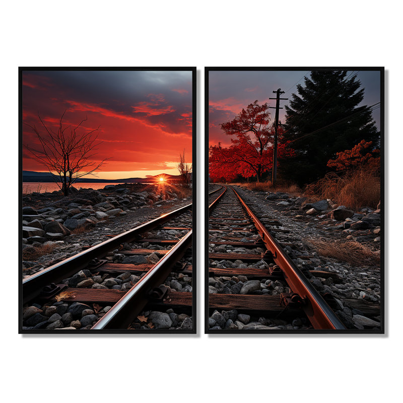 Train, train rouge, paysage I, Black, Impression encadrée flottante, 36" H x 48" W