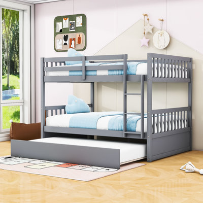 Full Over Full Wooden Convertible Bunk Bed With Trundle And Ladder