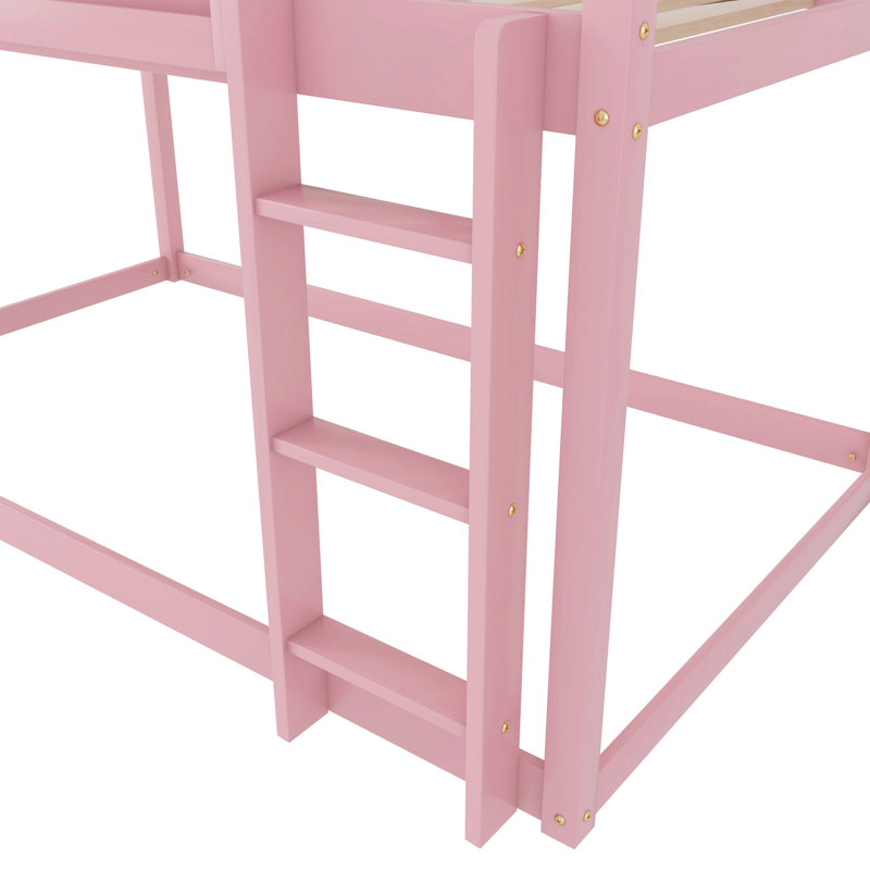 Low Twin Over Twin Bunk Bed, Floor Bunk Bed With Ladder, Solid Wood Twin Bunk Bed For Kids & Juniors, White, Pink