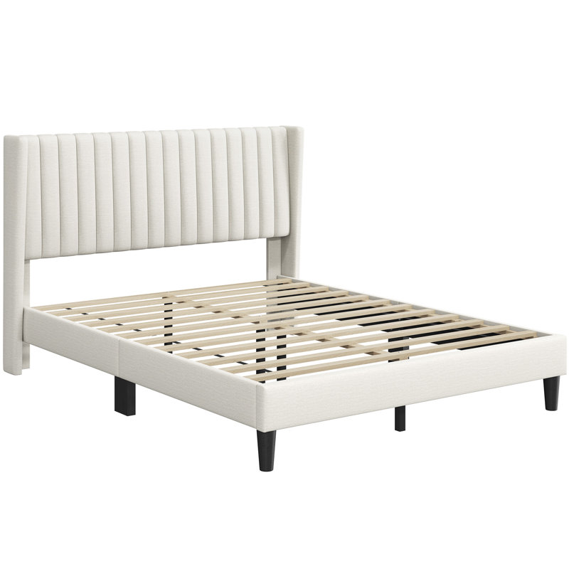 Upholstered Bed Frame with Channel Tufted Headboard, Queen, Ivory